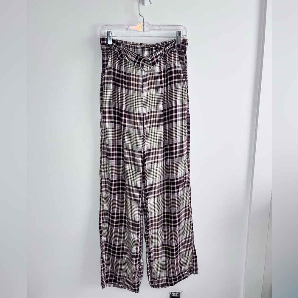 Women's Rewash Brand Fashion Wide Leg Pants Size Medium Belted Red Plaid 100%...